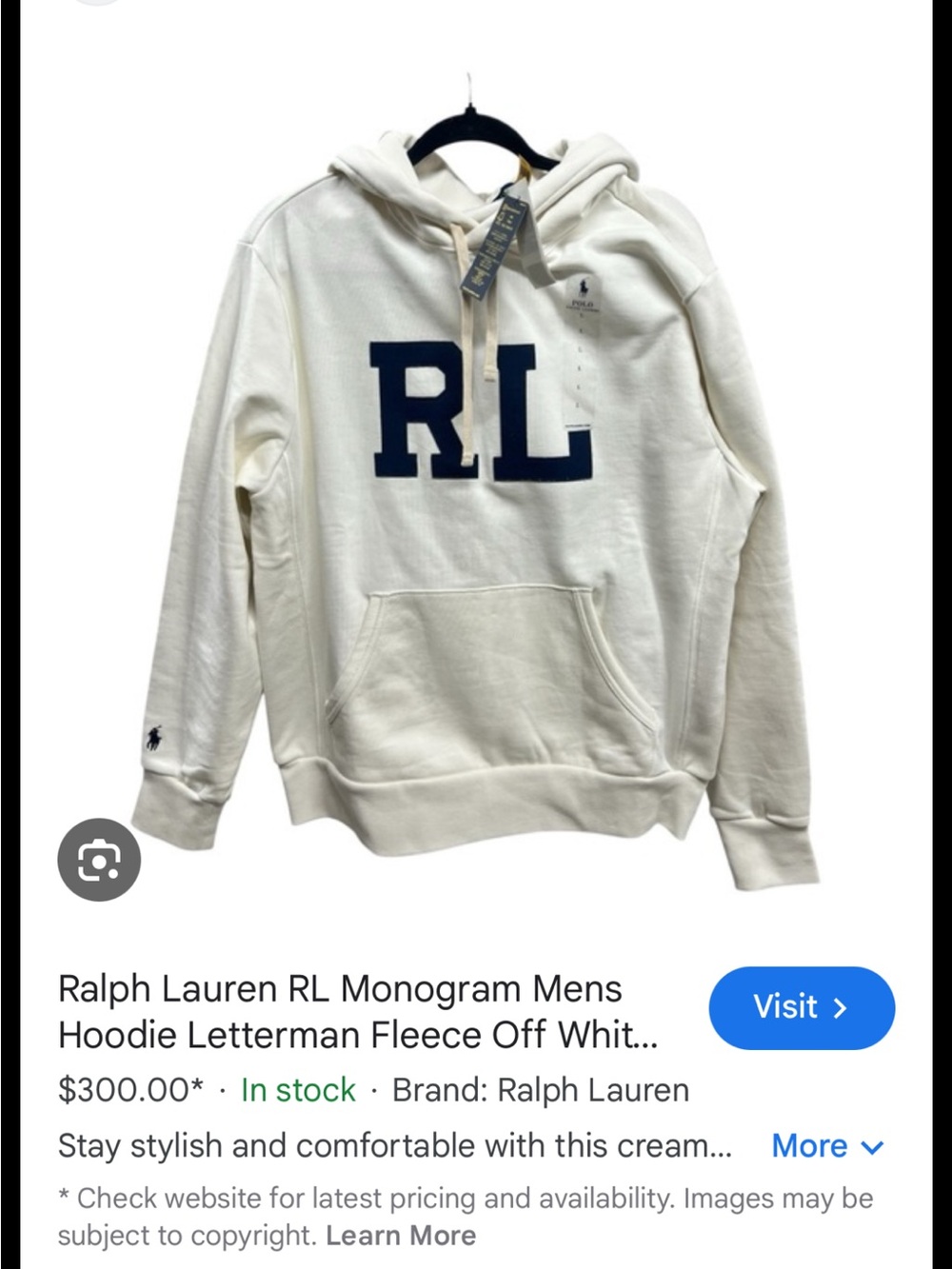 Ralph Lauren Off-White RL Letterman Hoodie with Navy Monogram